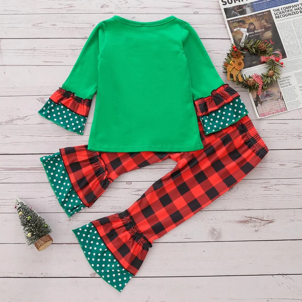 Christmas Suit Girls Deer Head Embroidered Top Plaid Flared Pants Set Wholesale Girls Clothes