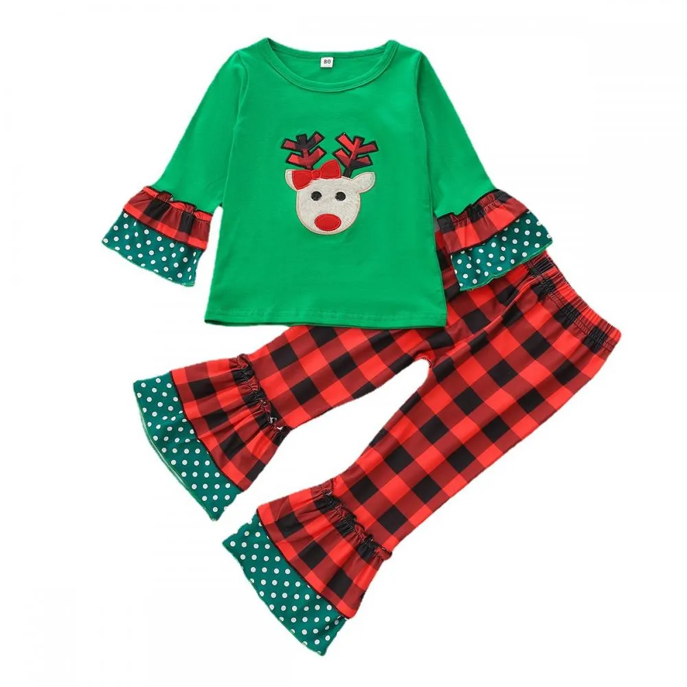 Christmas Suit Girls Deer Head Embroidered Top Plaid Flared Pants Set Wholesale Girls Clothes