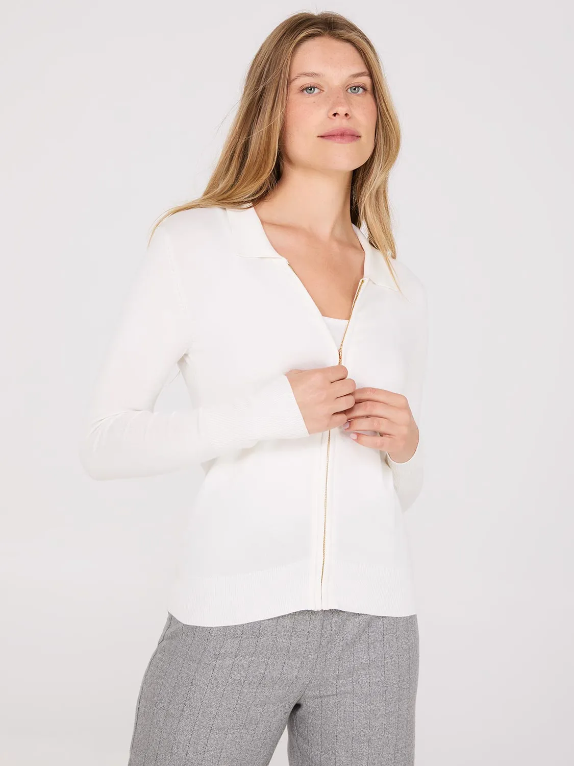 Collared 2-Way Zip-Front Sweater