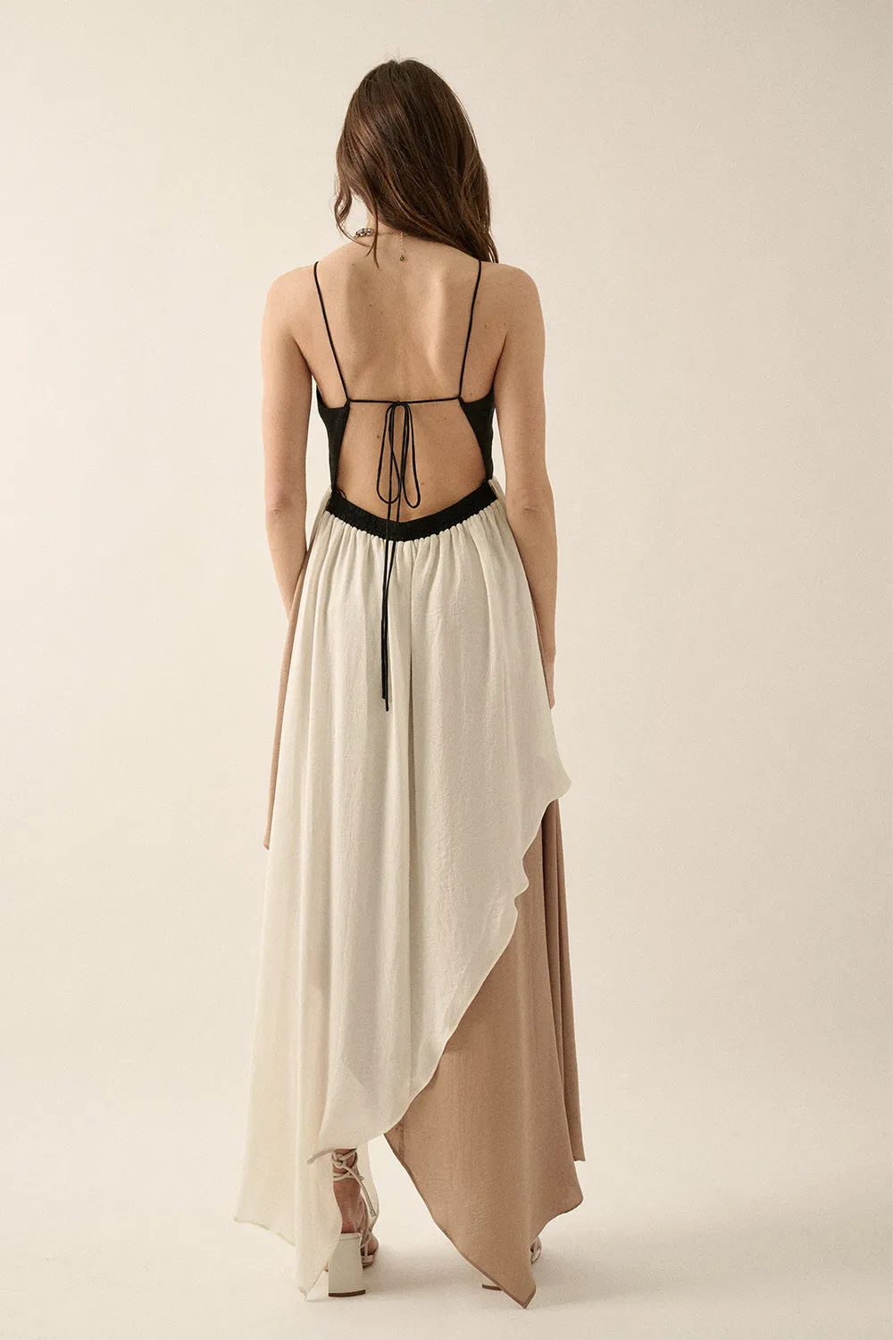 Color Block Satin Plunge-Front Wrap Tulip Maxi Dress