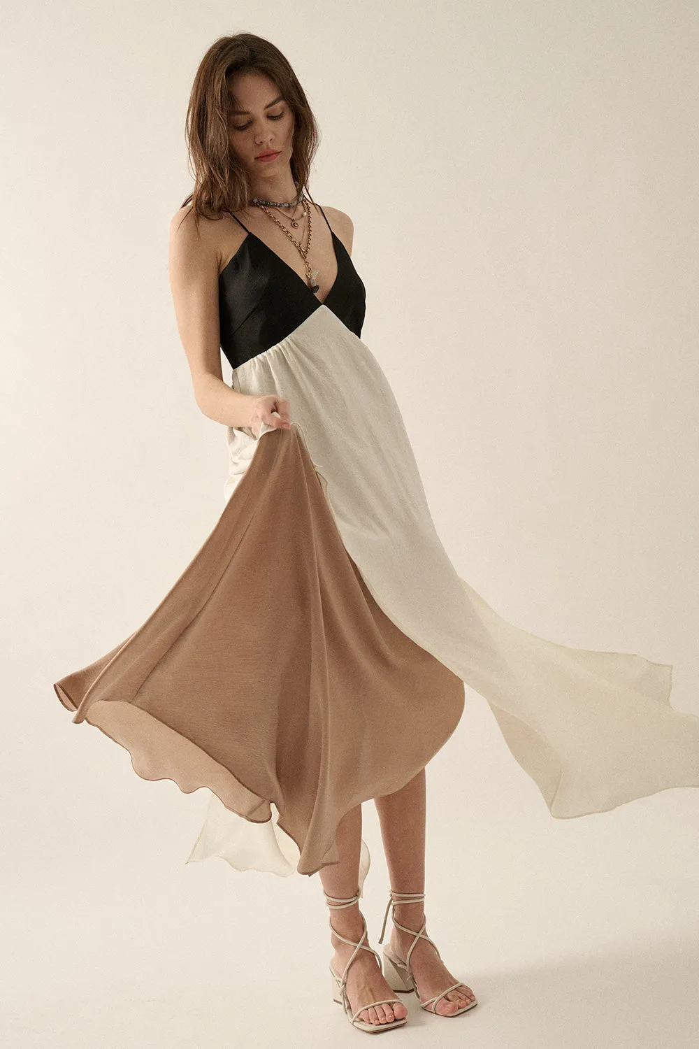 Color Block Satin Plunge-Front Wrap Tulip Maxi Dress