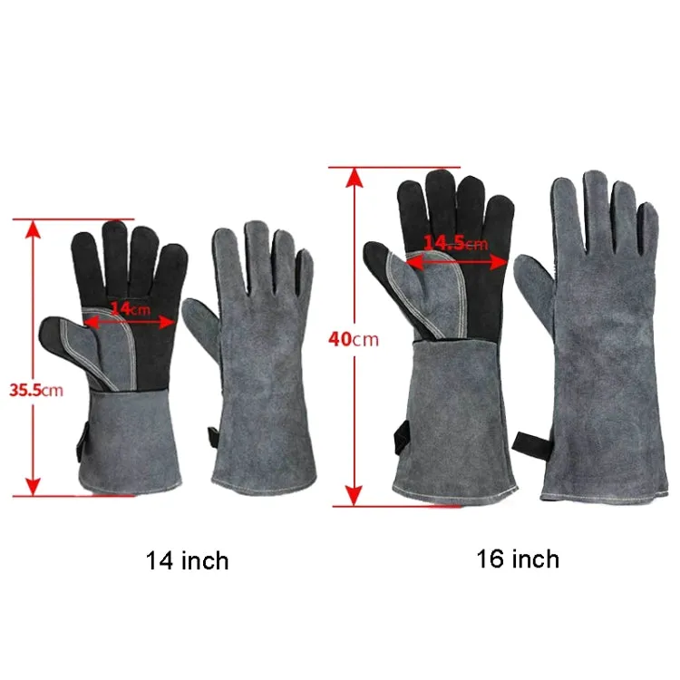 Cowhide BBQ Gloves Thickened Anti-hot Oven Welding Protection Gloves, Specification: A2416 14 inch Gray Black