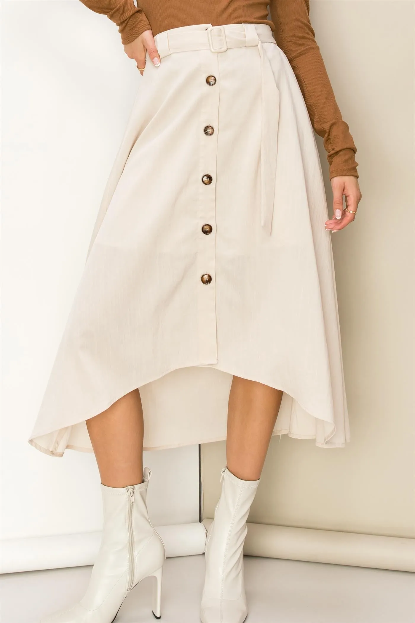 Cream Modern Moves Button-Front High-Low Midi Skirt