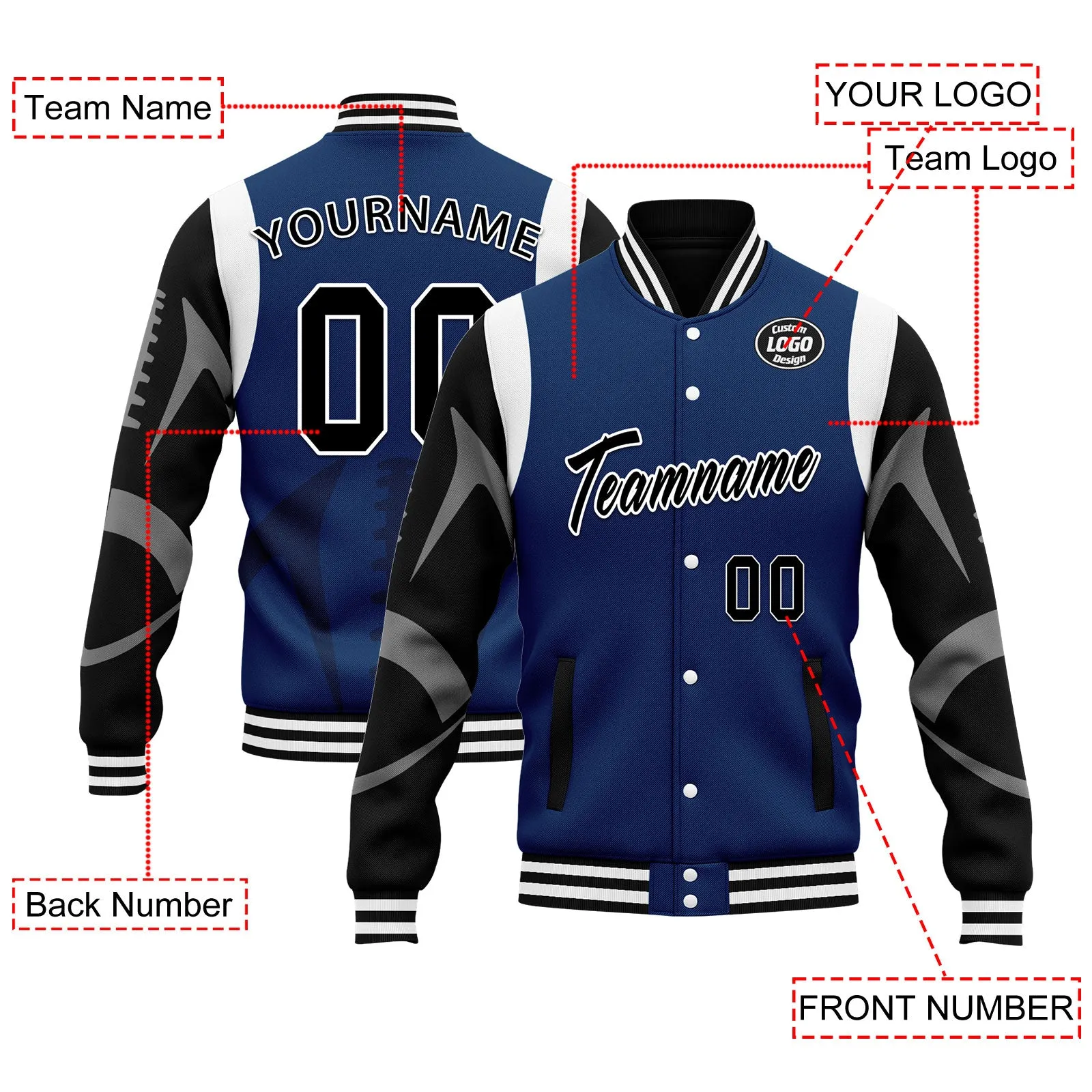 Custom Blue Black Indianapolis Jacket Bomber Full-Snap Varsity Letterman Personalized Jacket FZ005-D025004-16