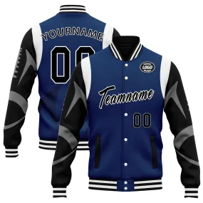 Custom Blue Black Indianapolis Jacket Bomber Full-Snap Varsity Letterman Personalized Jacket FZ005-D025004-16