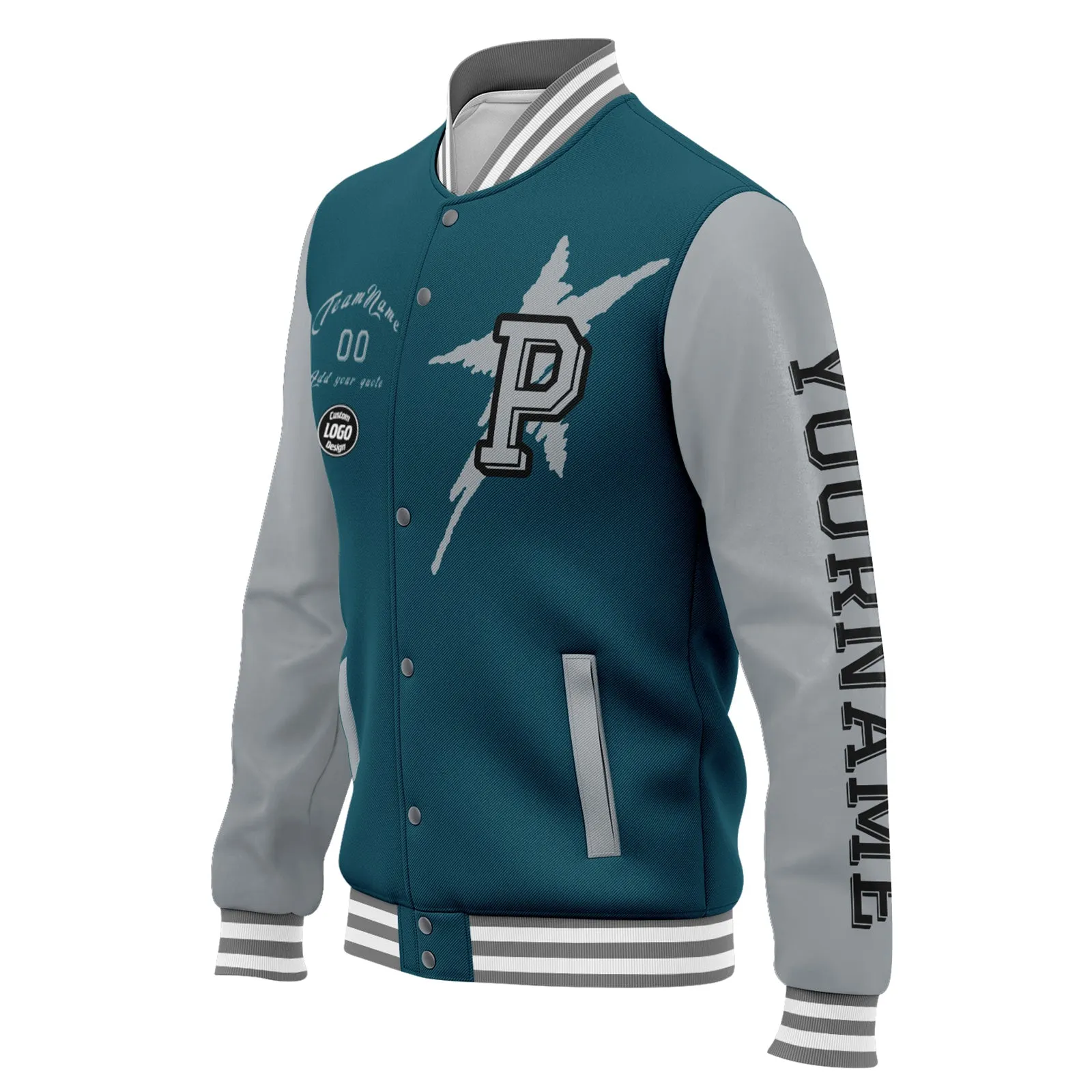 Custom Green Gray Philadelphia Jacket Bomber Full-Snap Varsity Letterman Personalized Jacket FZ005SX-D020290-23