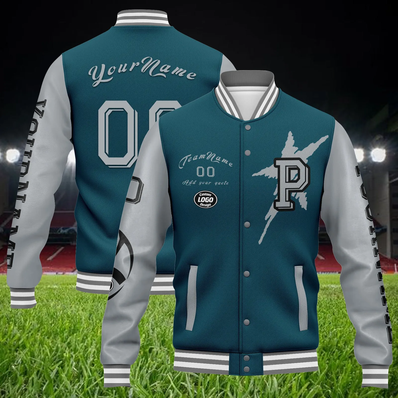 Custom Green Gray Philadelphia Jacket Bomber Full-Snap Varsity Letterman Personalized Jacket FZ005SX-D020290-23