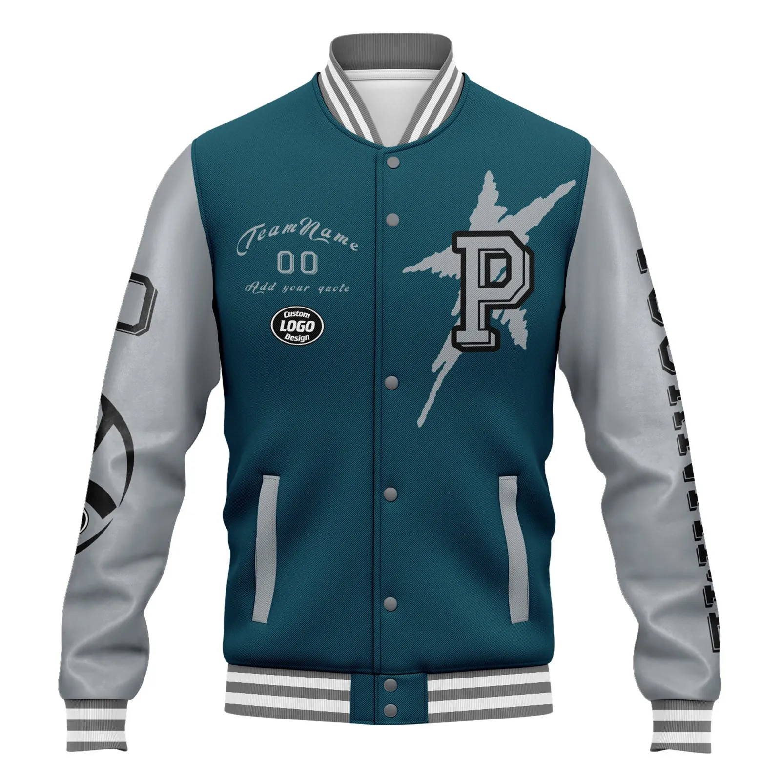 Custom Green Gray Philadelphia Jacket Bomber Full-Snap Varsity Letterman Personalized Jacket FZ005SX-D020290-23