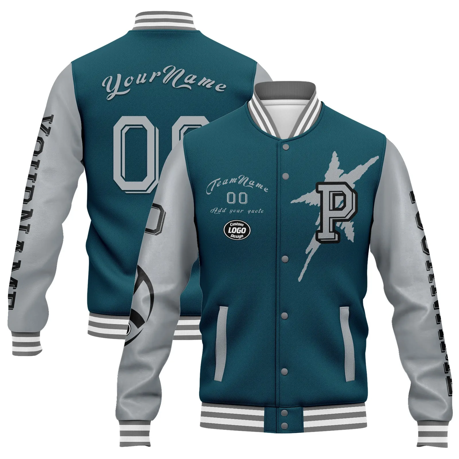 Custom Green Gray Philadelphia Jacket Bomber Full-Snap Varsity Letterman Personalized Jacket FZ005SX-D020290-23