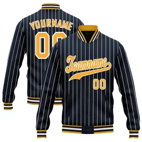 Custom Navy Yellow Stripe Fashion Jacket Bomber Full-Snap Varsity Letterman Personalized Jacket FZ005-D020219-21