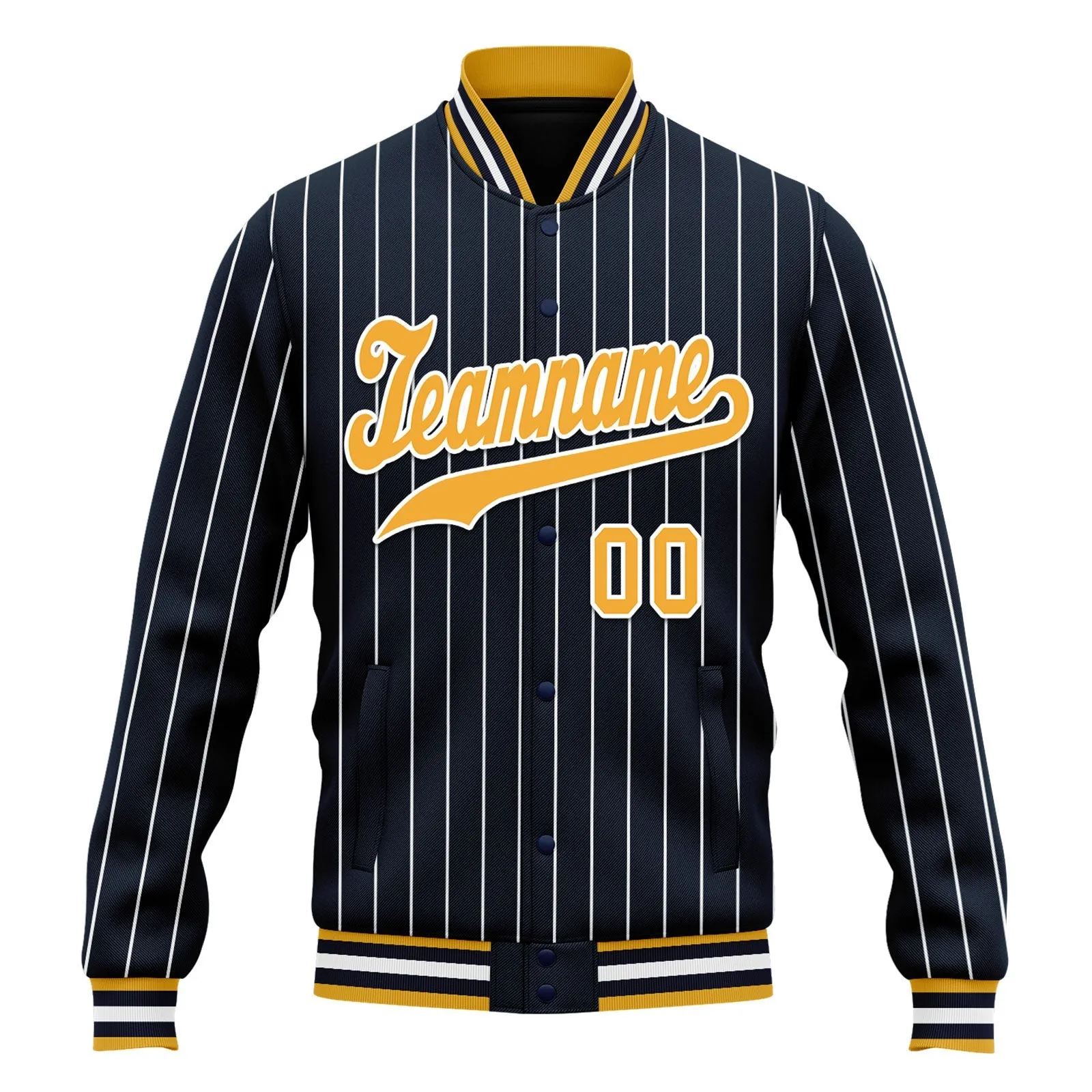 Custom Navy Yellow Stripe Fashion Jacket Bomber Full-Snap Varsity Letterman Personalized Jacket FZ005-D020219-21