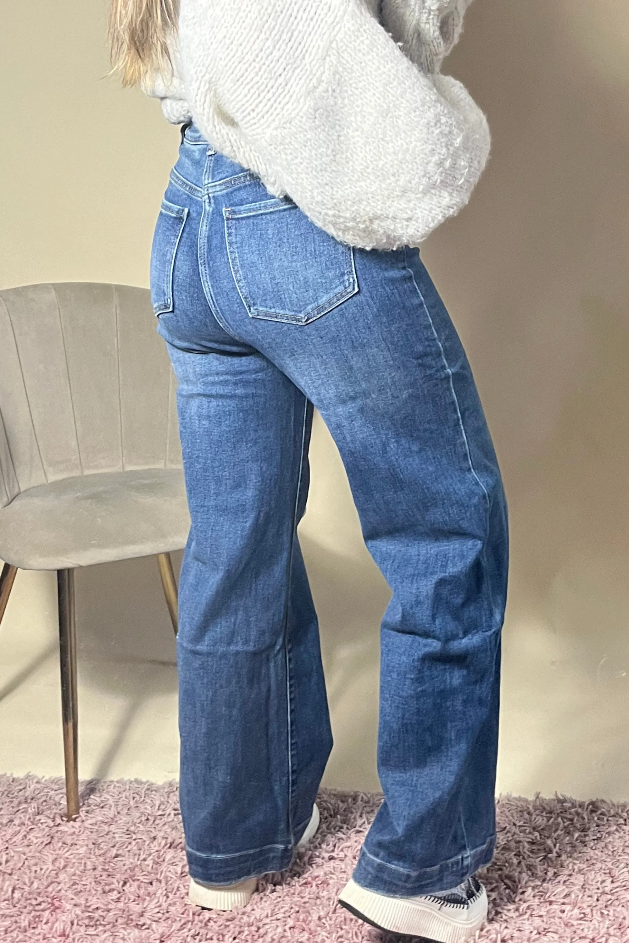 Dark denim full length straight leg jeans