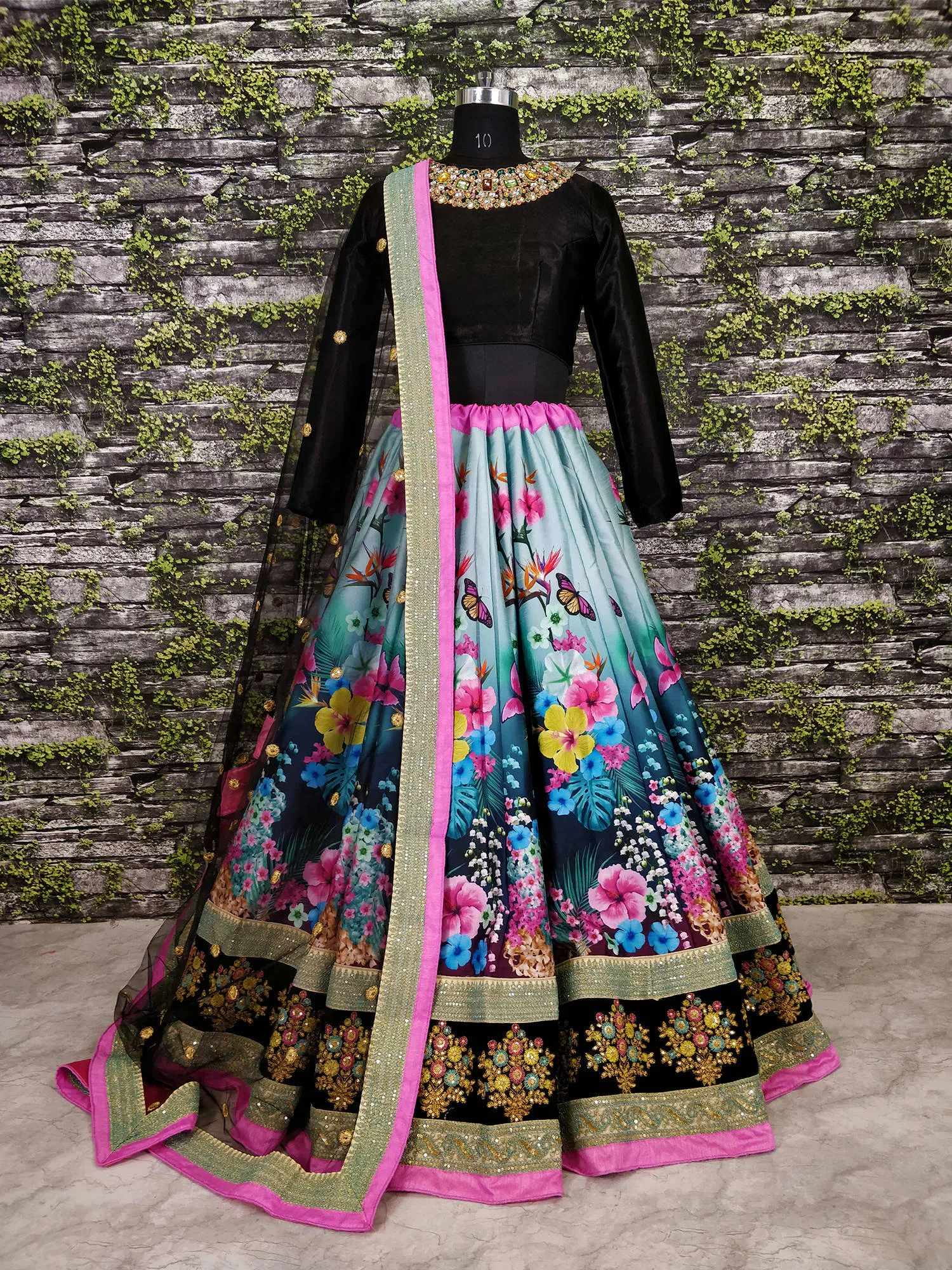 Dazzling Floral Printed Black Lehenga Skirt with Velvet Blouse