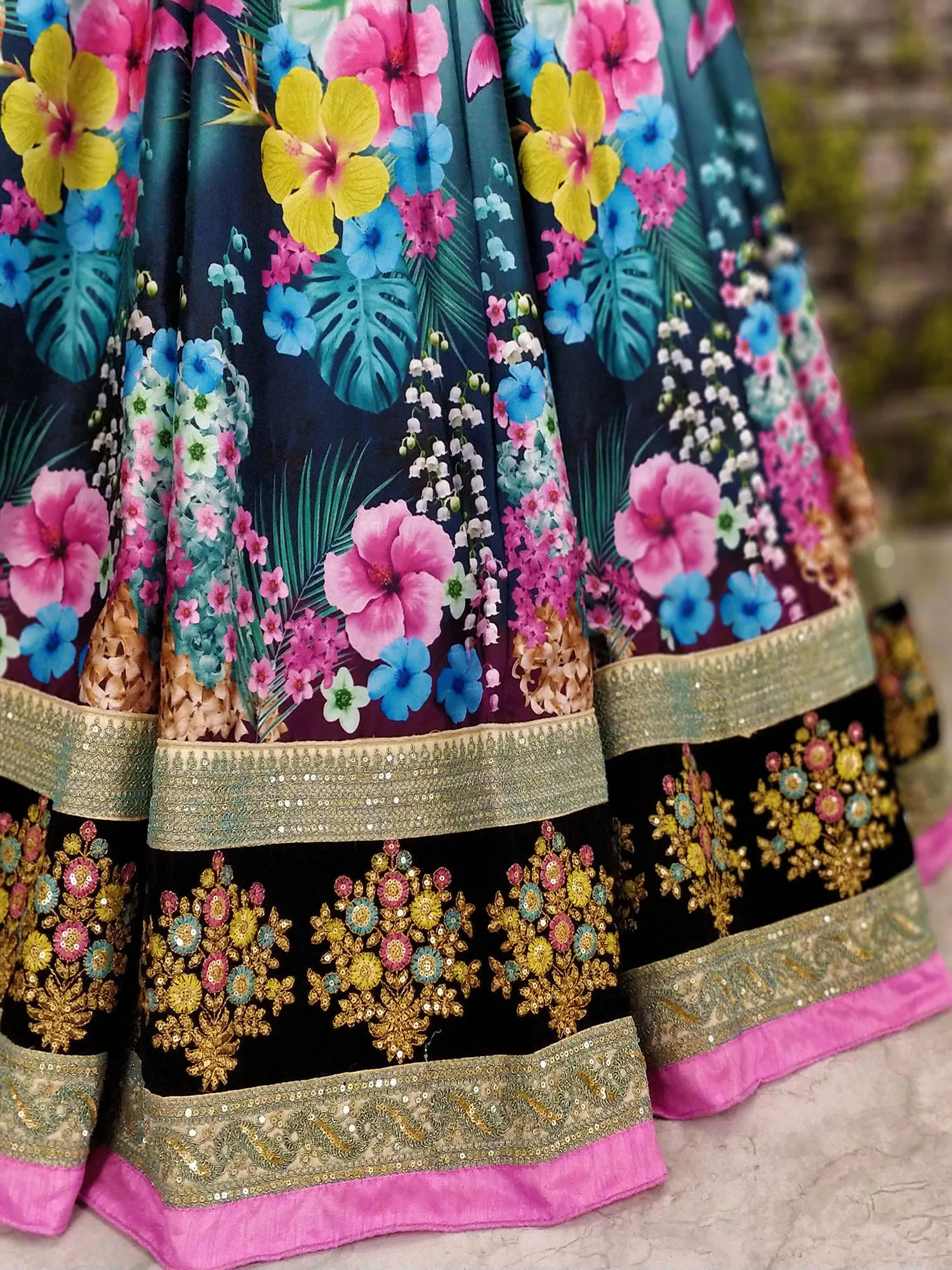 Dazzling Floral Printed Black Lehenga Skirt with Velvet Blouse