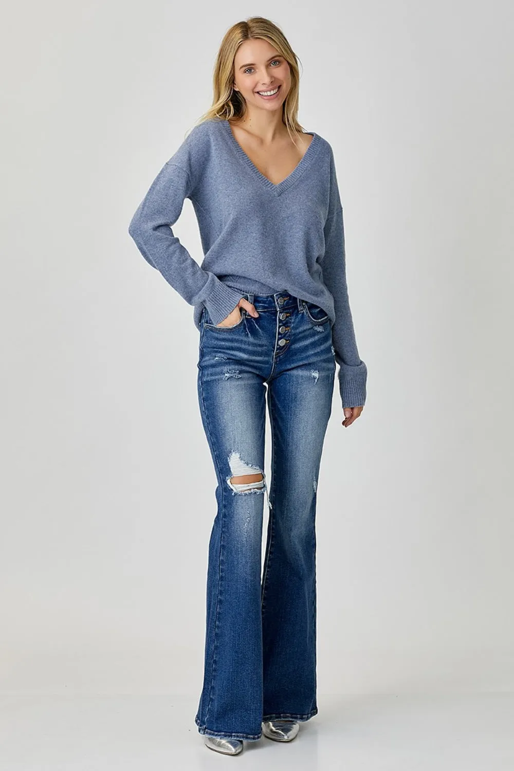 Distressed Button-Fly Flare Jeans