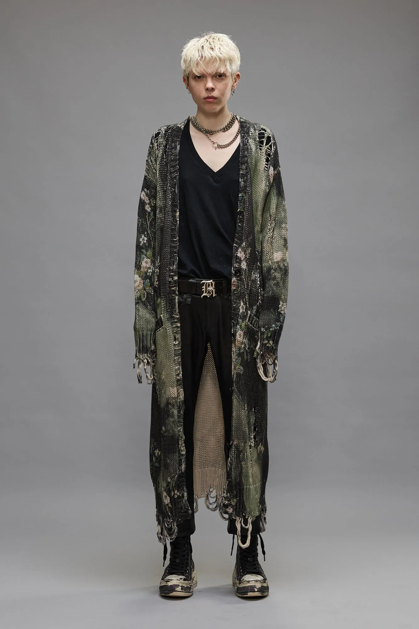 DISTRESSED LONG CARDIGAN - BLEACHED BLACK FLORAL