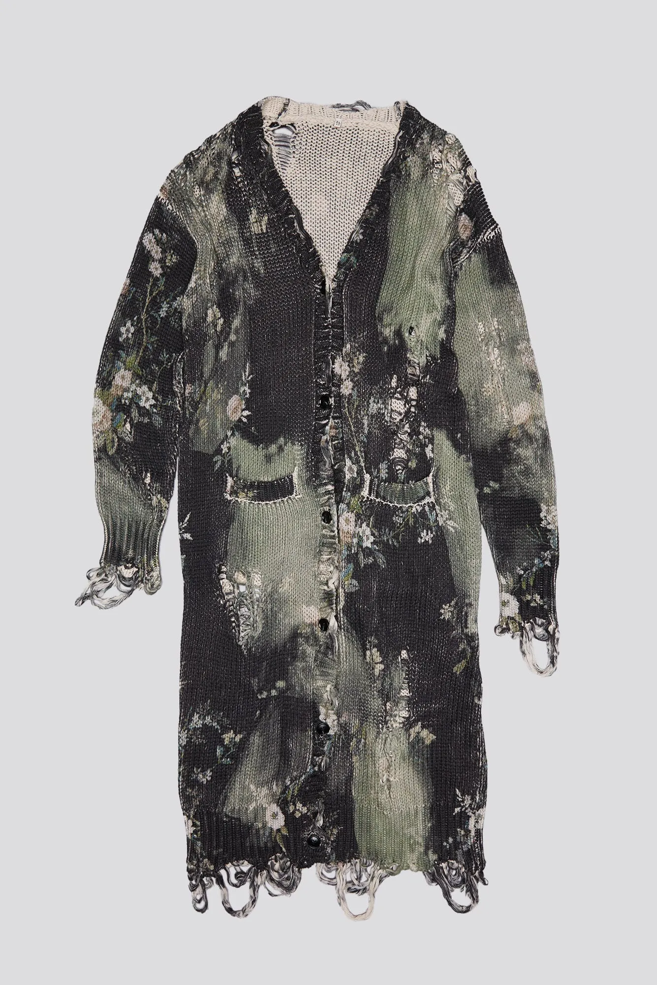 DISTRESSED LONG CARDIGAN - BLEACHED BLACK FLORAL