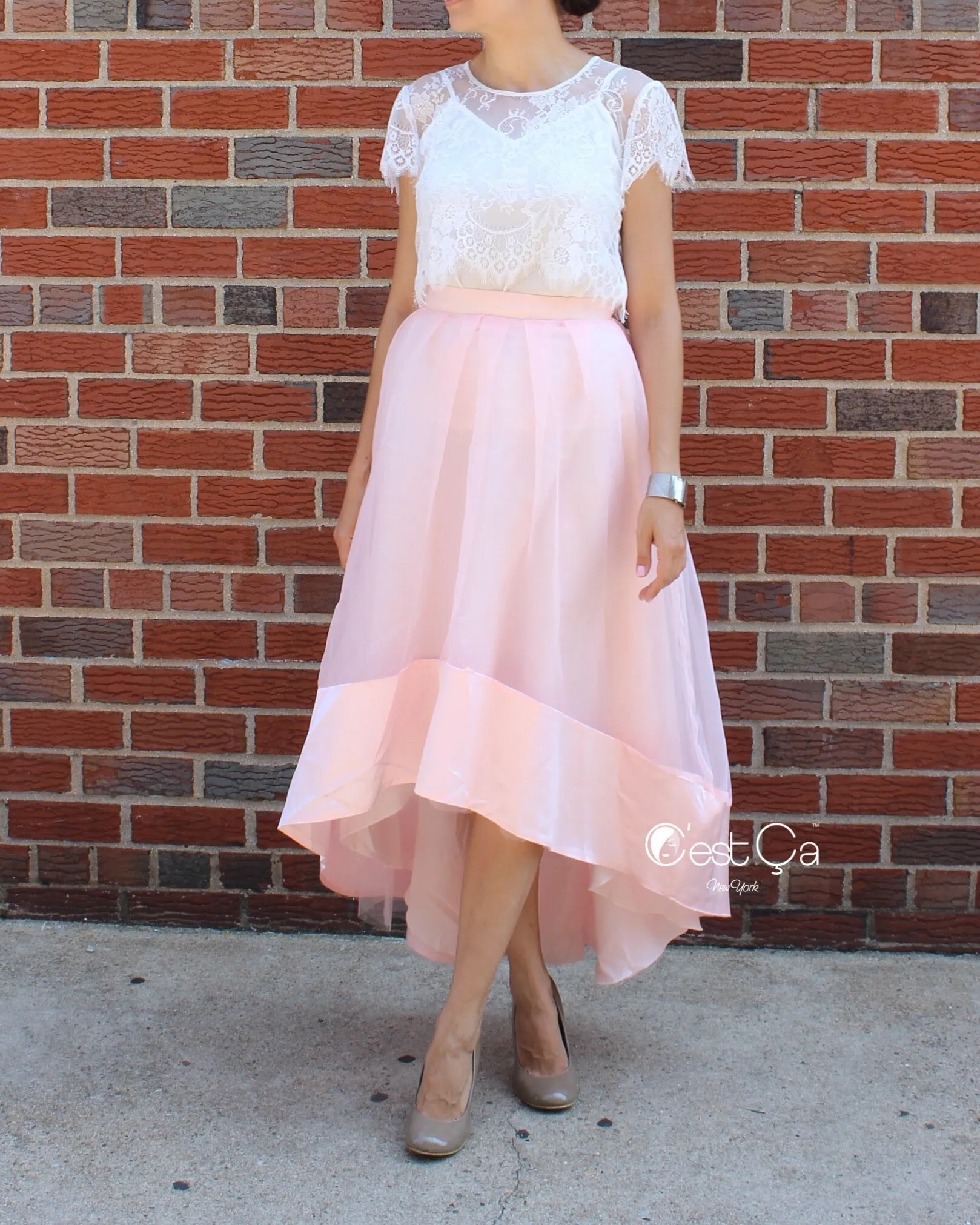 Donna Blush Pink High-Low Satin Organza & Tulle Skirt