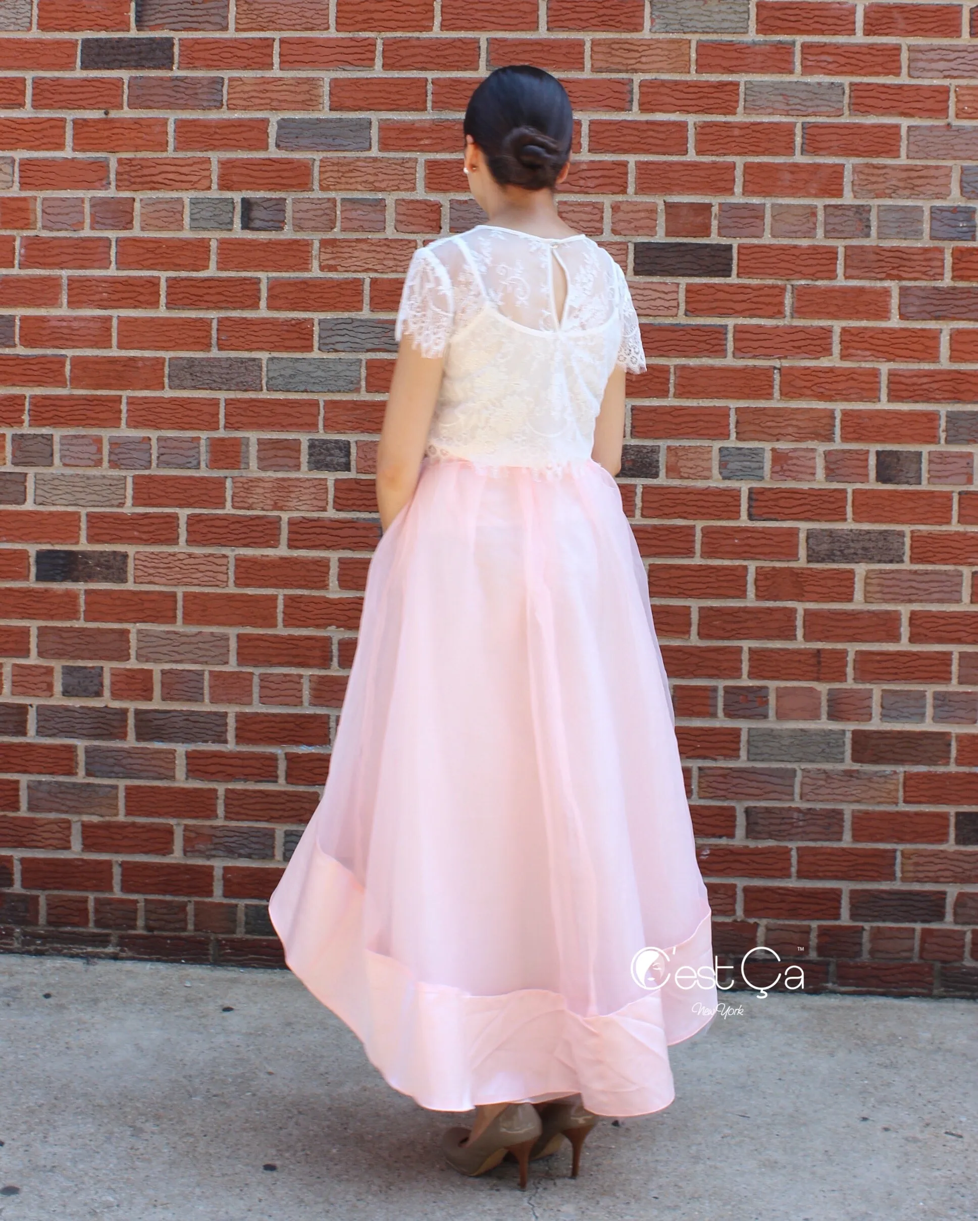 Donna Blush Pink High-Low Satin Organza & Tulle Skirt