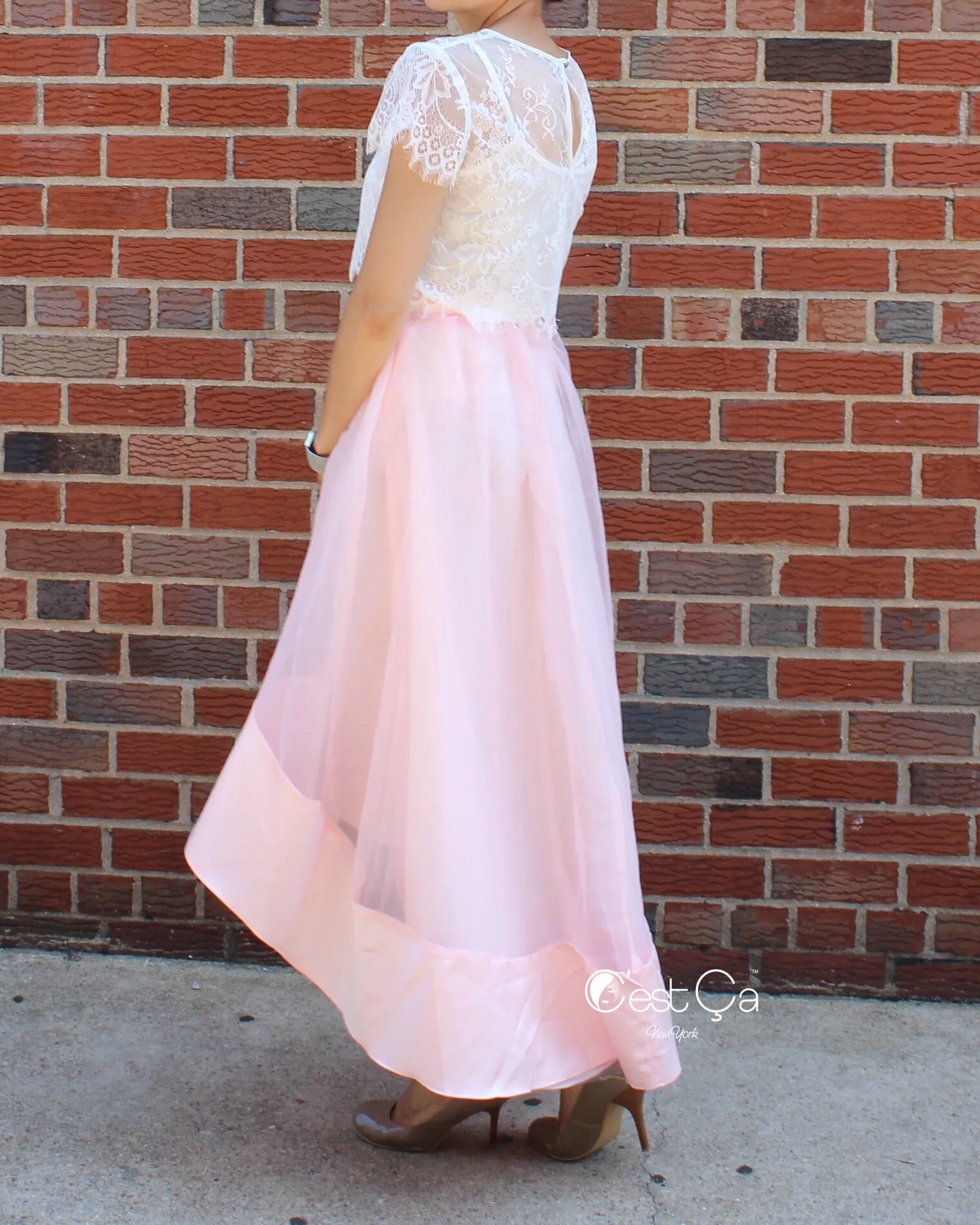 Donna Blush Pink High-Low Satin Organza & Tulle Skirt