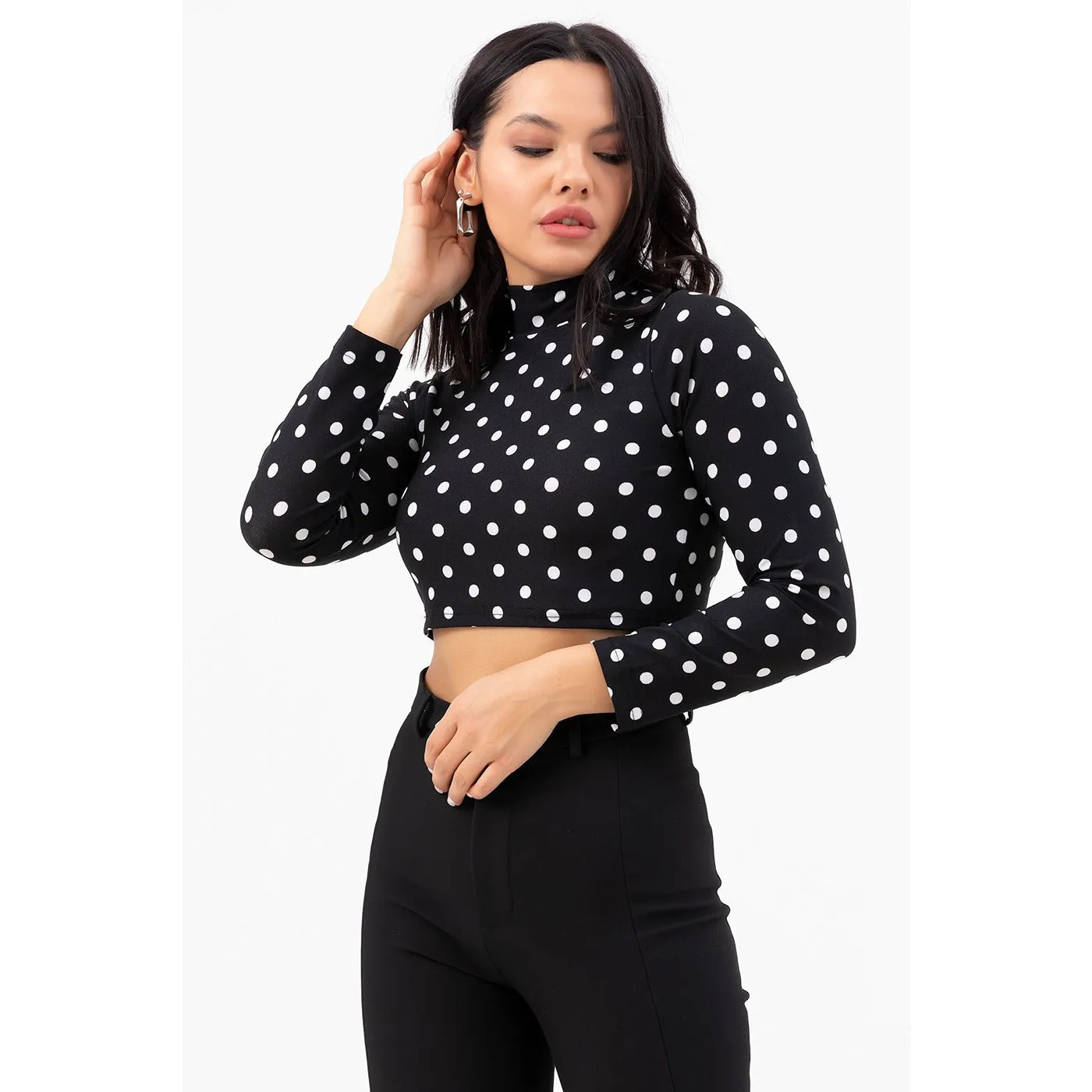 Dotted Black Turtleneck Crop Blouse