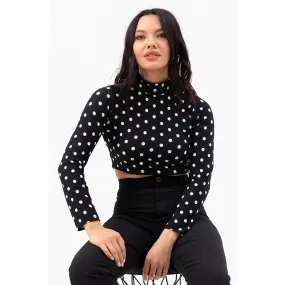 Dotted Black Turtleneck Crop Blouse