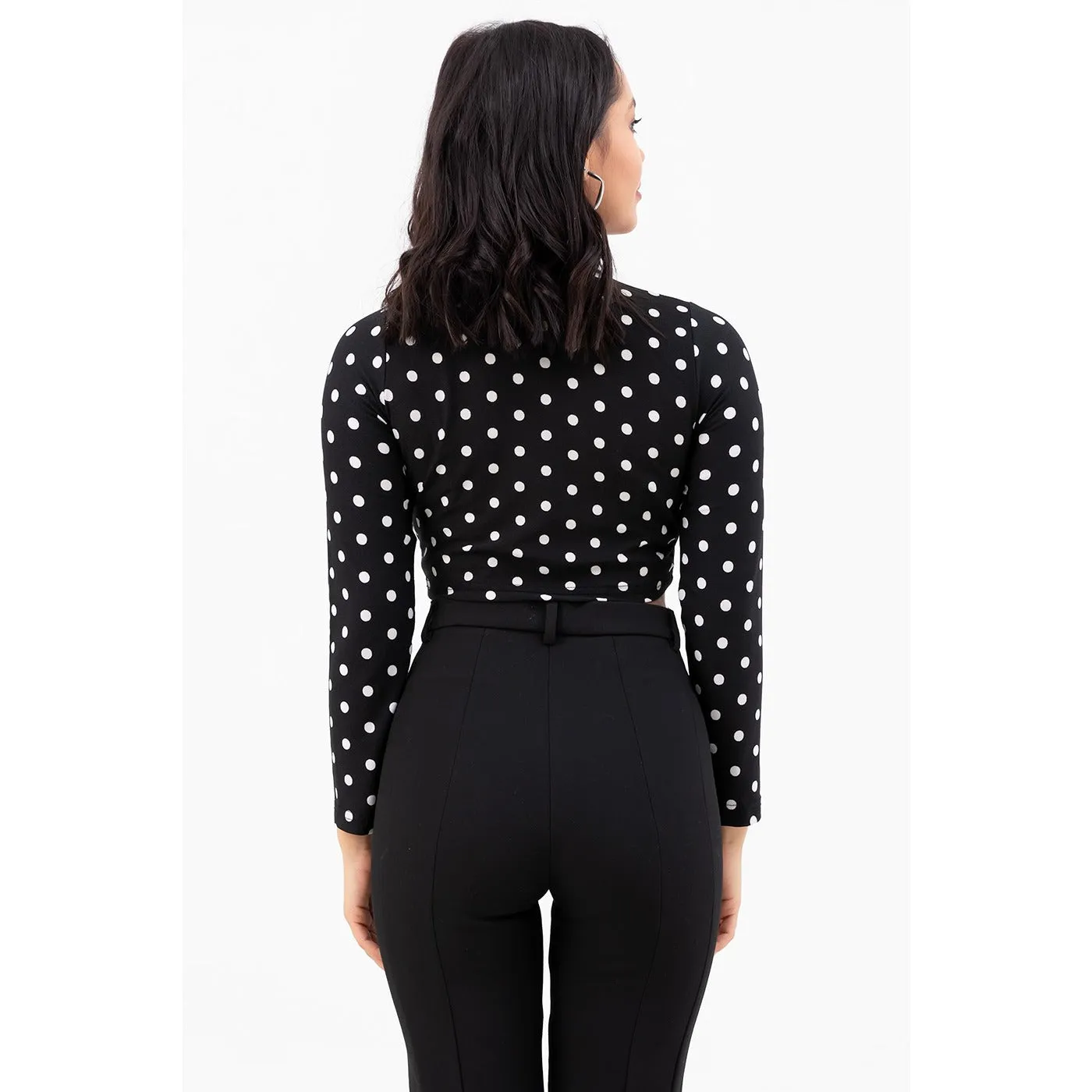 Dotted Black Turtleneck Crop Blouse