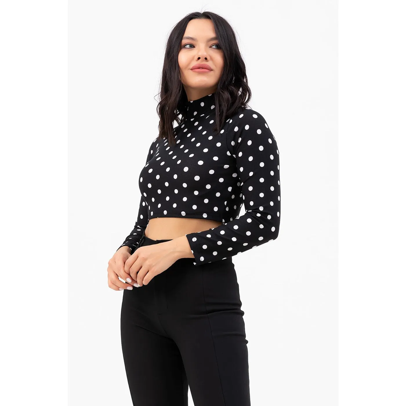 Dotted Black Turtleneck Crop Blouse