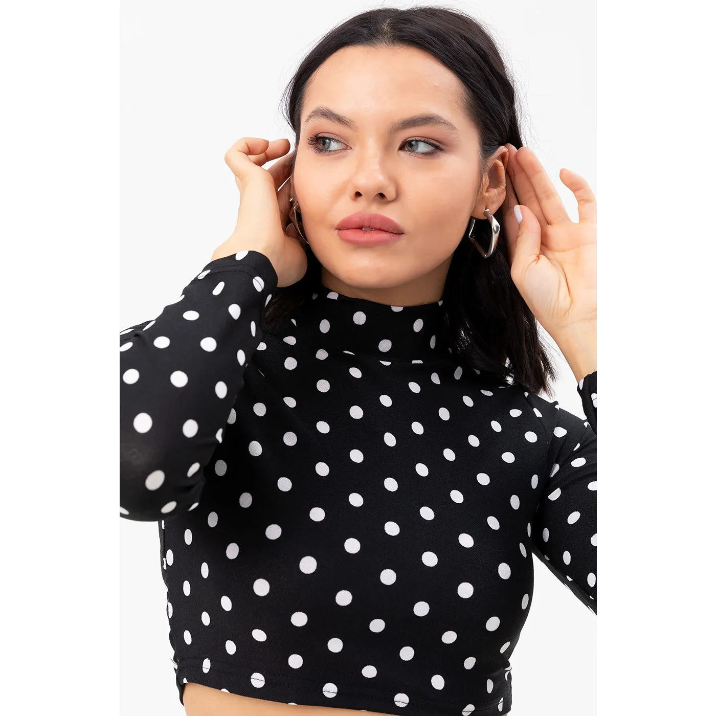 Dotted Black Turtleneck Crop Blouse