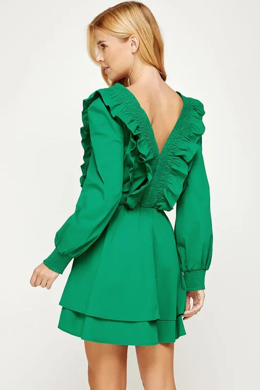 Emerald Ruffled Mini Dress w/ Smock Detail