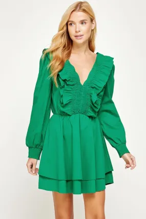 Emerald Ruffled Mini Dress w/ Smock Detail