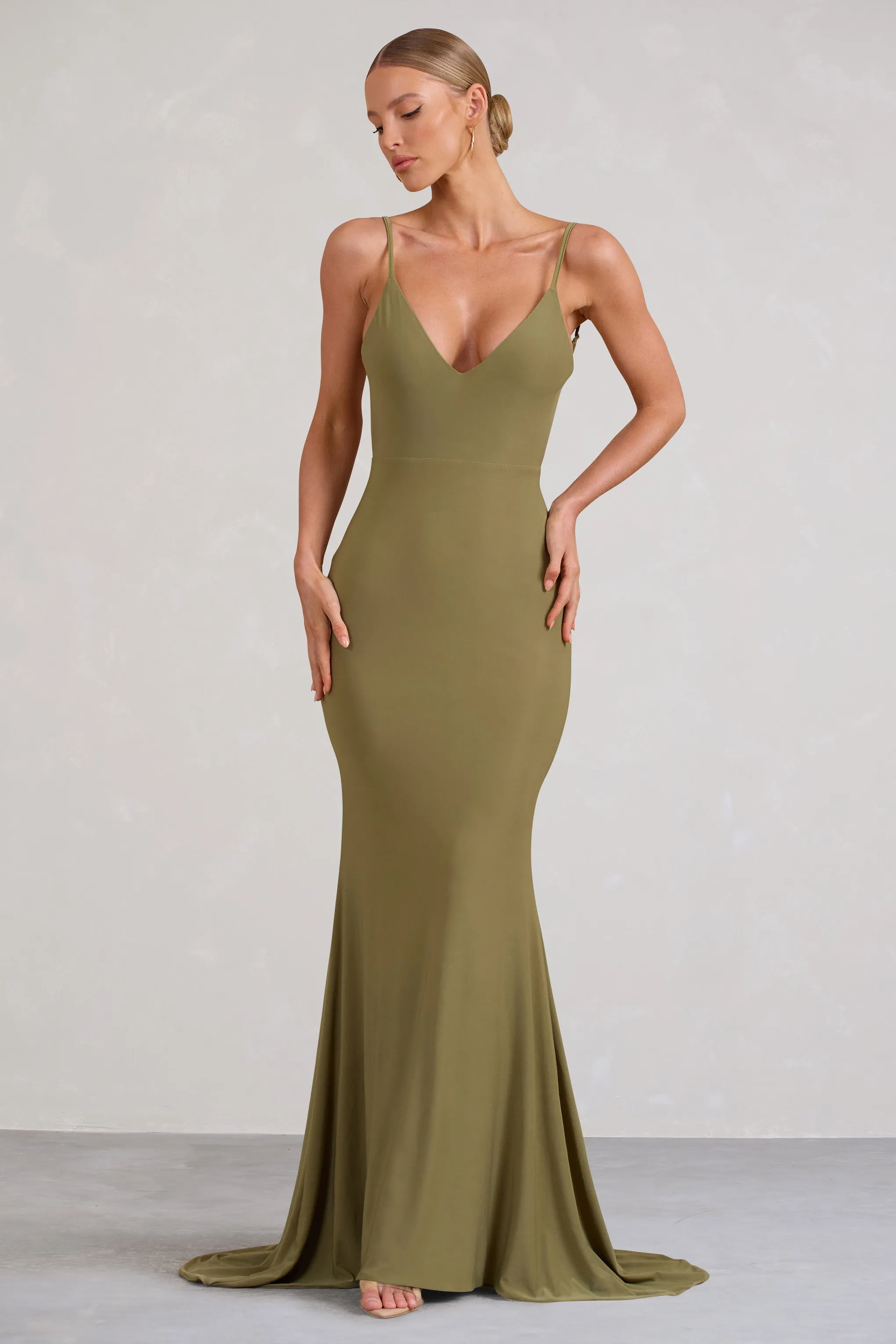 Endless Love | Olive Backless Knot Detail Fishtail Maxi Dress