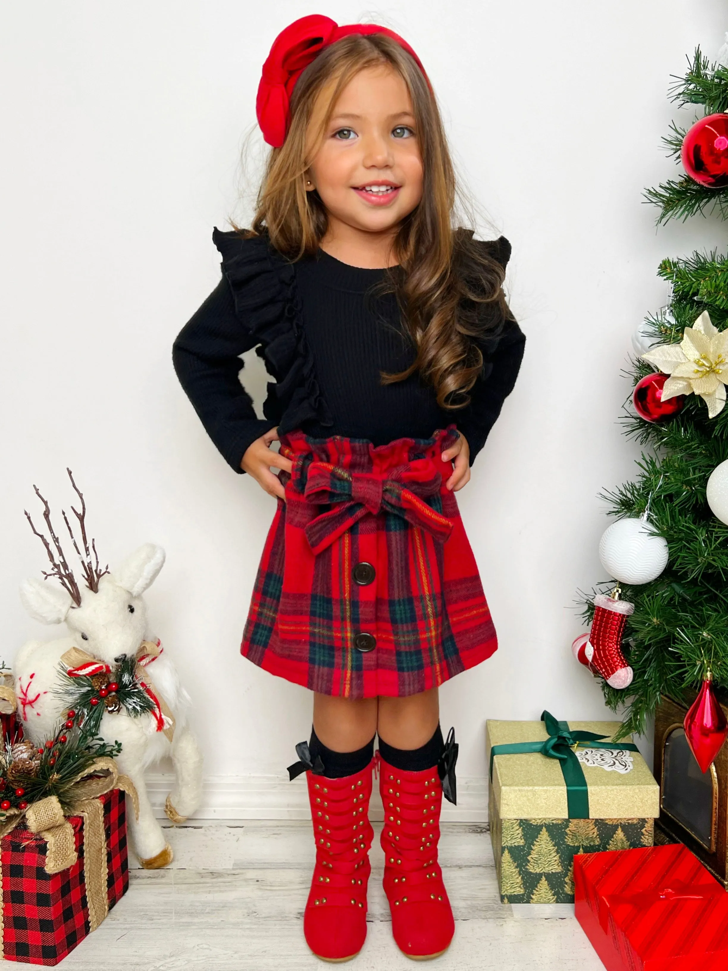 Feels Like Fall Ruffled Top and Plaid Skirt Set