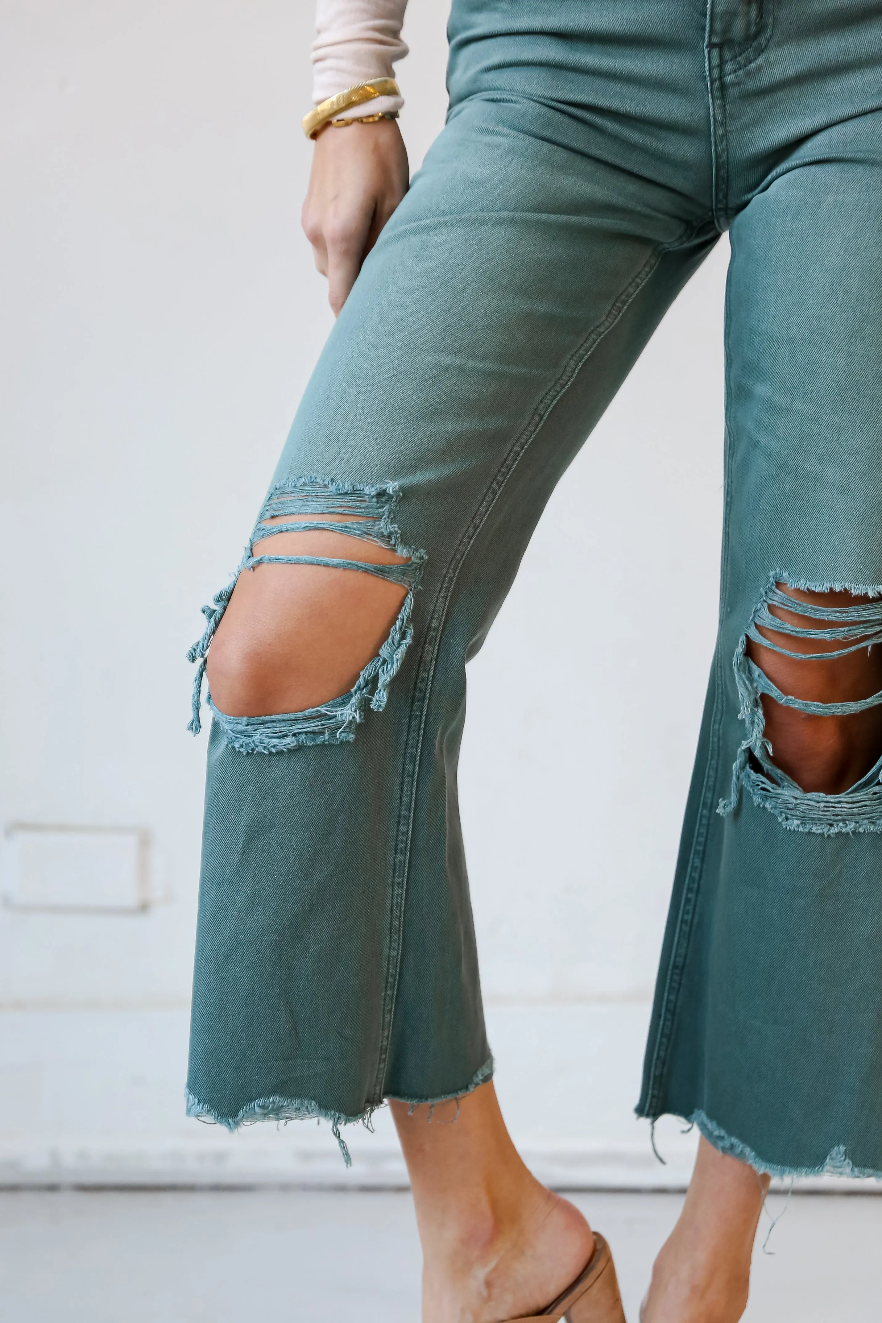 FINAL SALE - Number One Choice Sage Distressed Flare Jeans