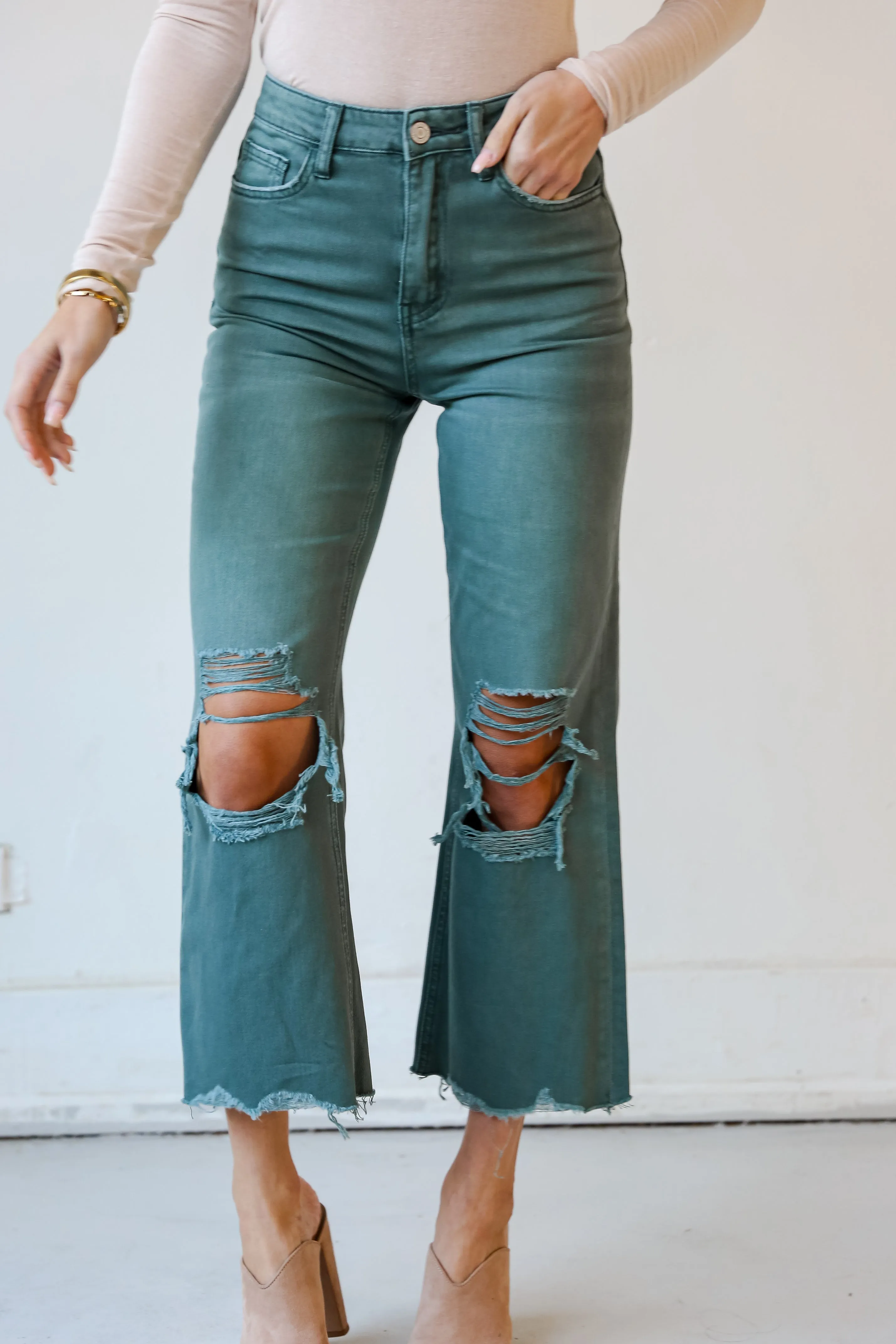 FINAL SALE - Number One Choice Sage Distressed Flare Jeans