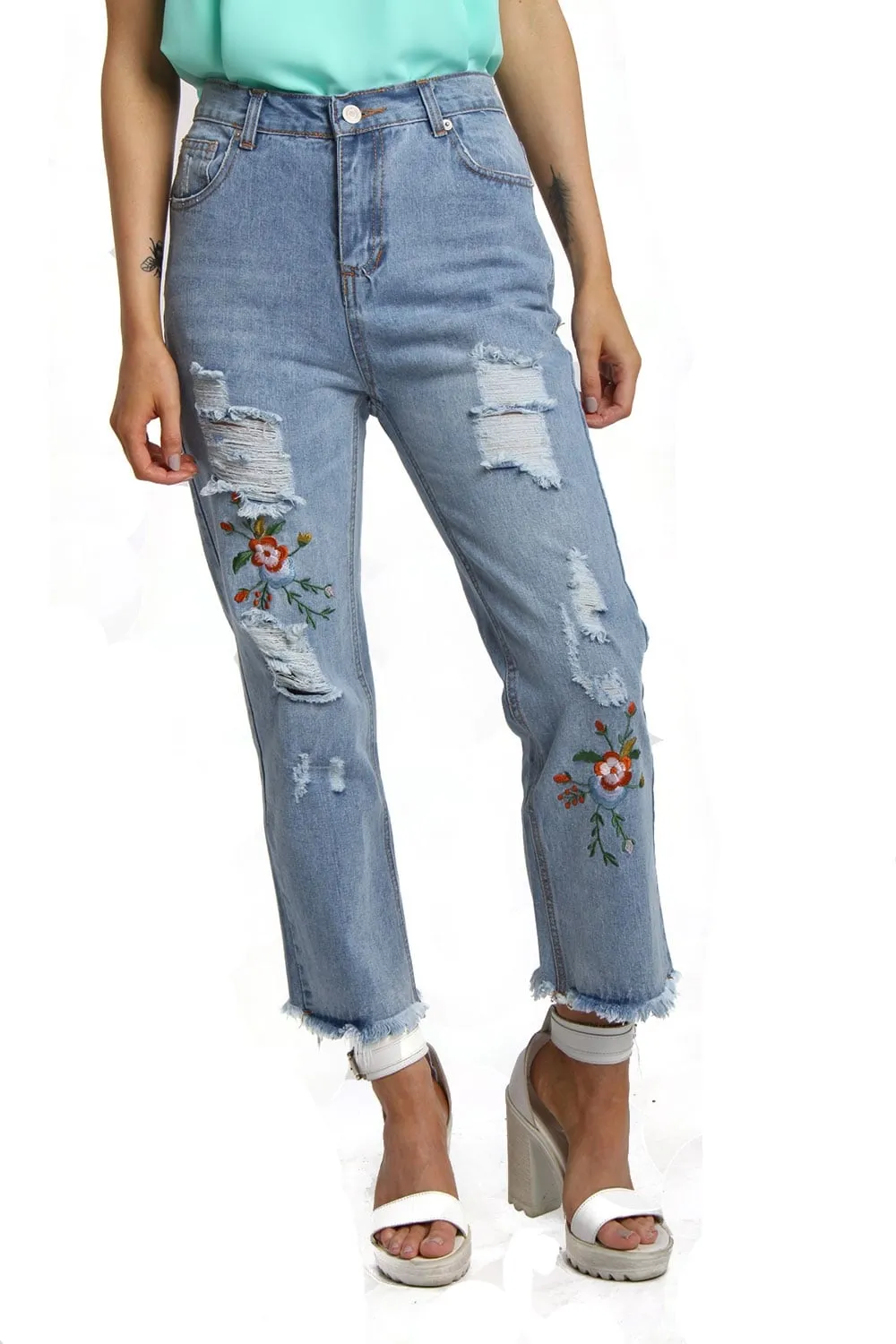 Floral Embroidered Ripped Distressed Boyfriend Cropped Jeans