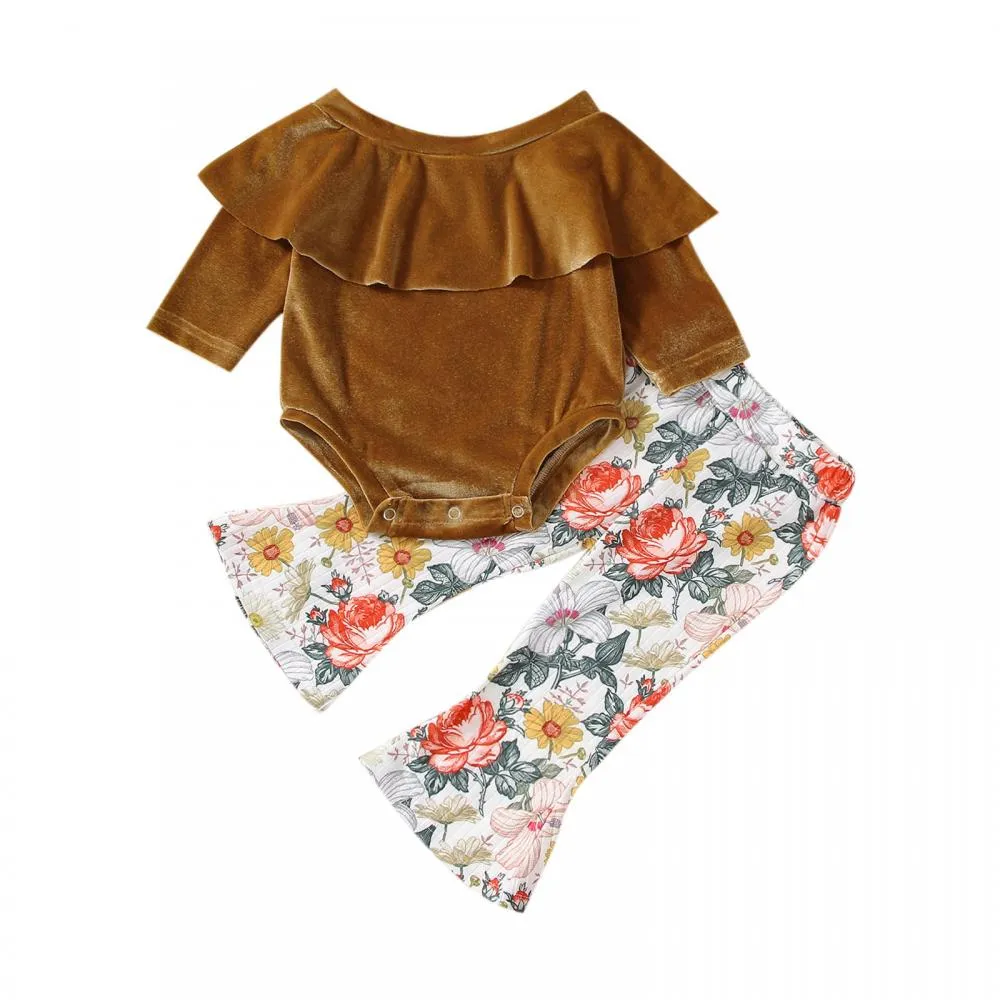 Fly-Sleeve Fleece Romper Floral Flared Pants Set Wholesale Baby Girl Clothes