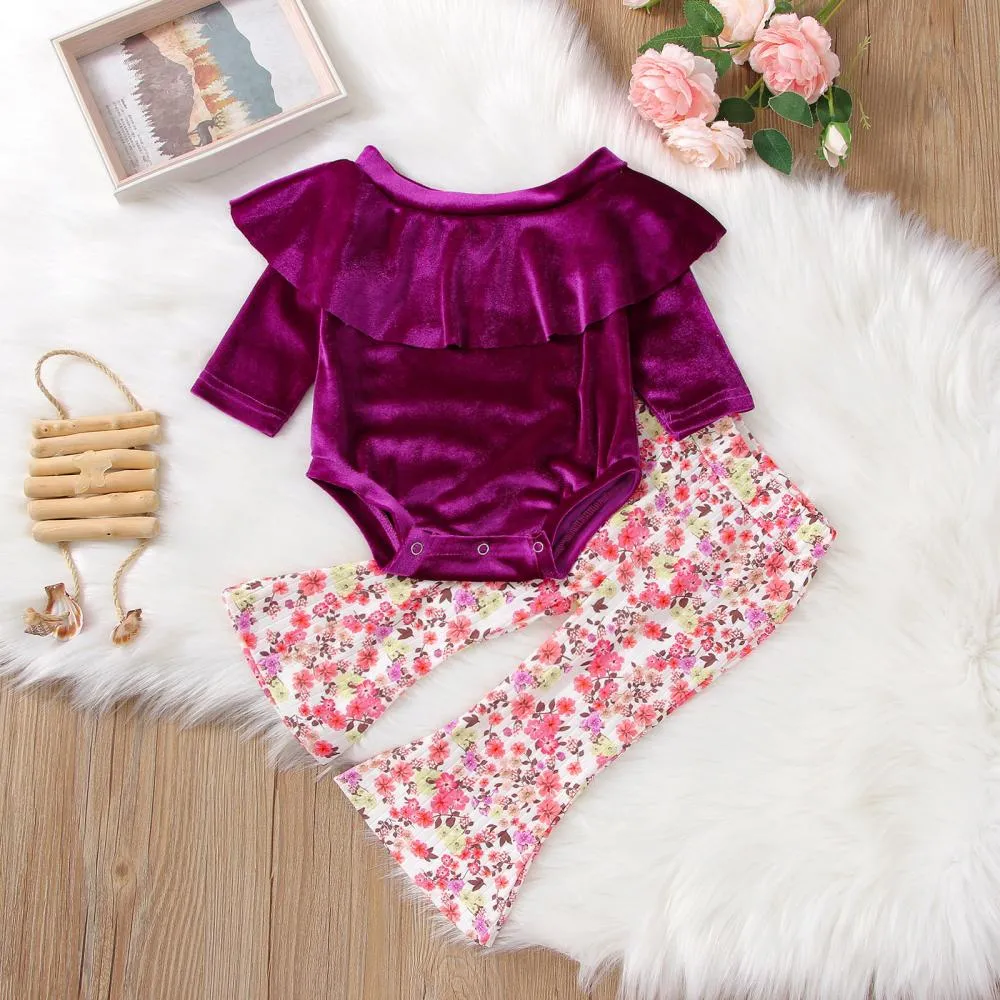 Fly-Sleeve Fleece Romper Floral Flared Pants Set Wholesale Baby Girl Clothes