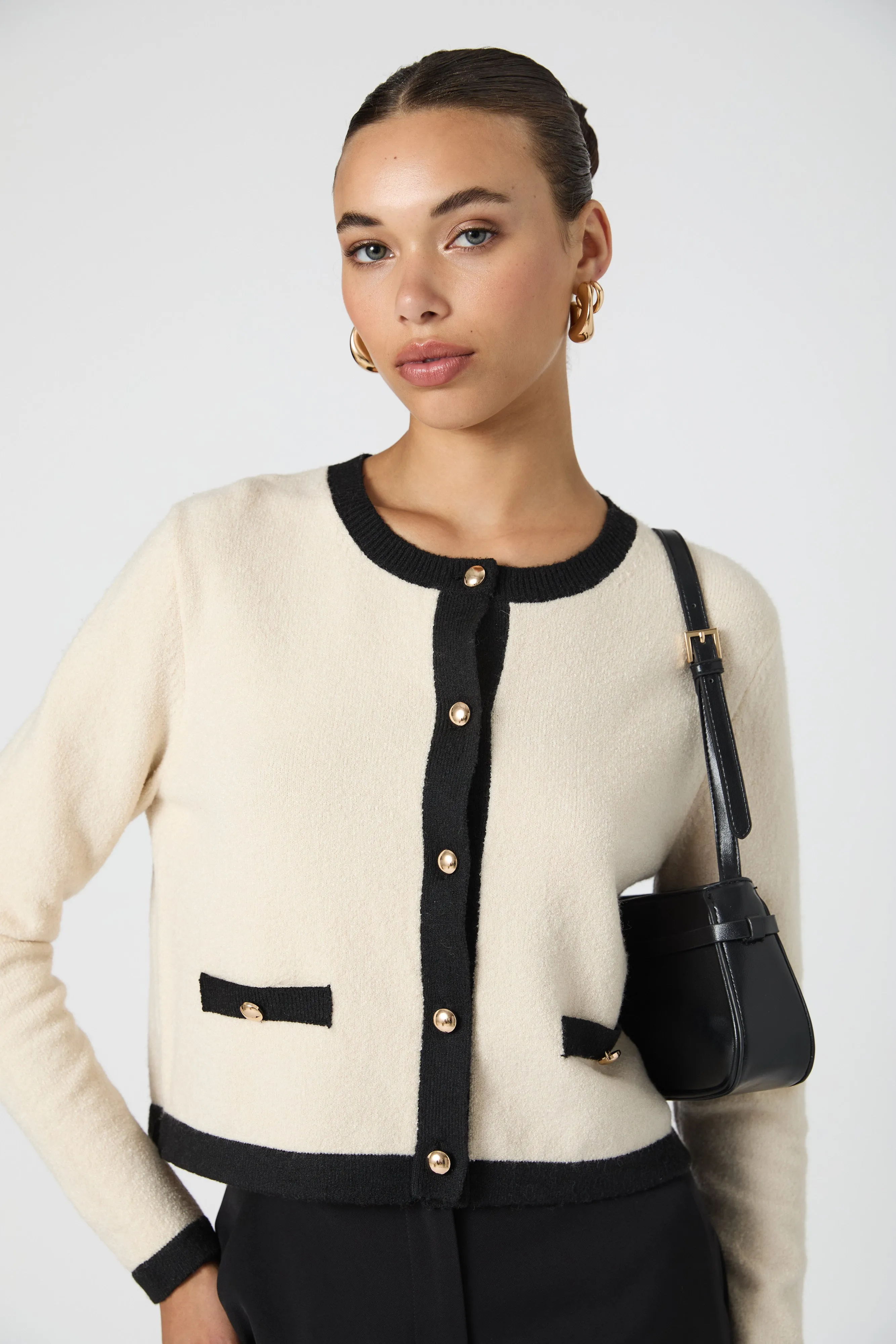 French Connection Vhari Contrast Cardigan - Cream/Black