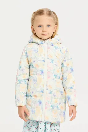 Girl White Floral Long Line Jacket With Hood