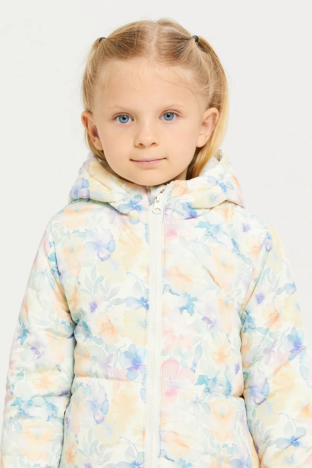 Girl White Floral Long Line Jacket With Hood