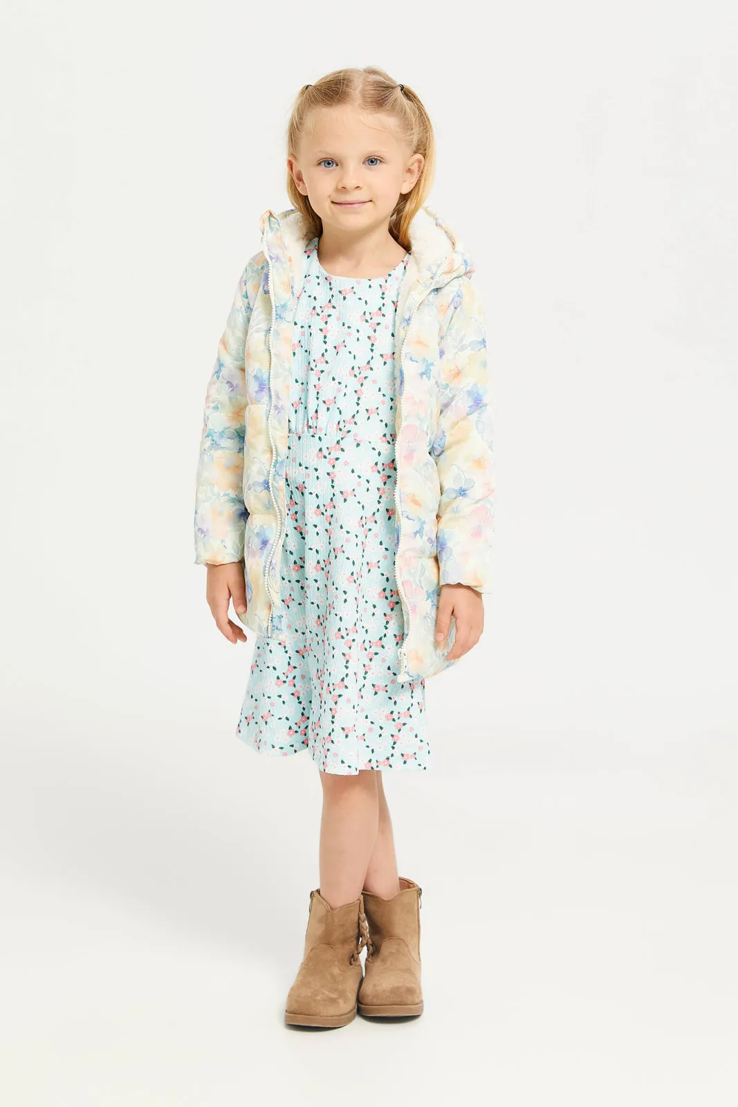 Girl White Floral Long Line Jacket With Hood