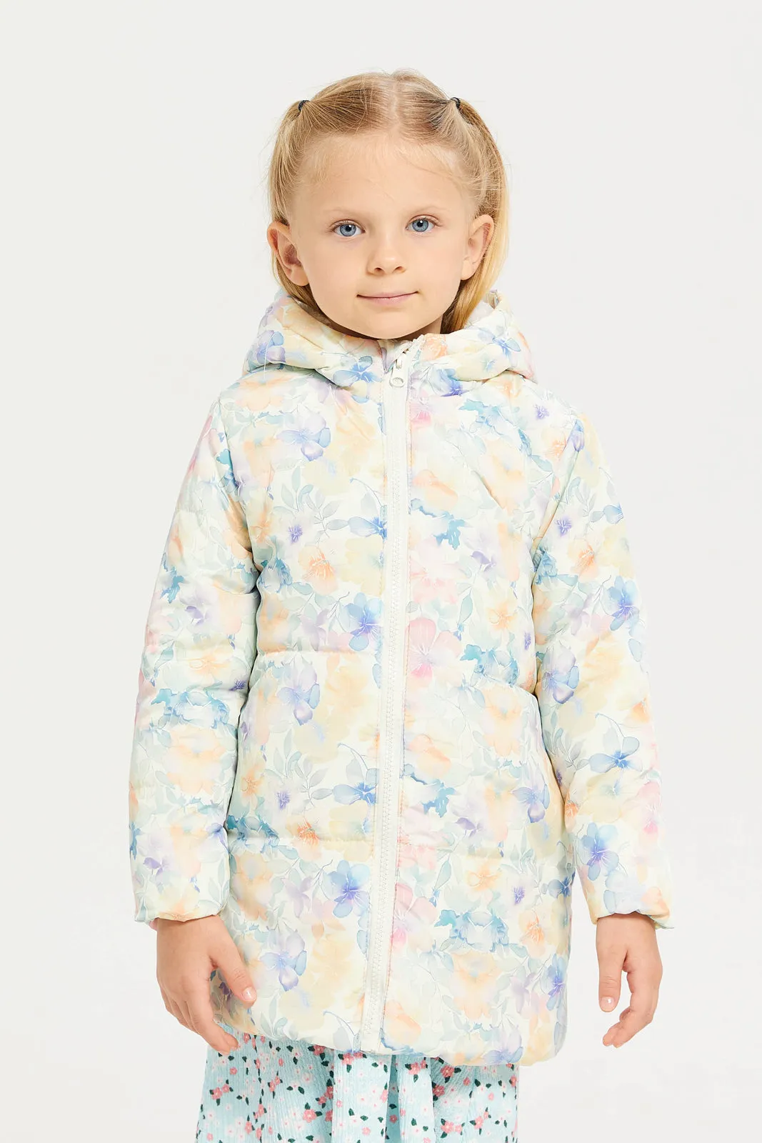 Girl White Floral Long Line Jacket With Hood