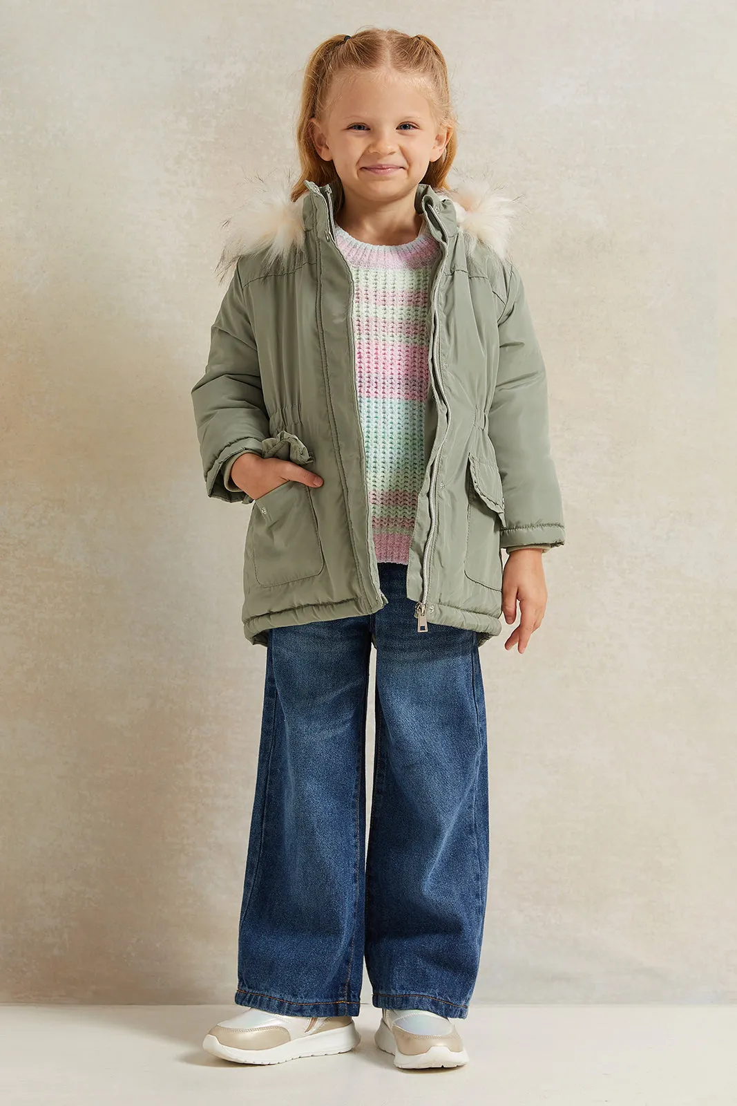 Girls Green Long Jacket Sherpa Hooded