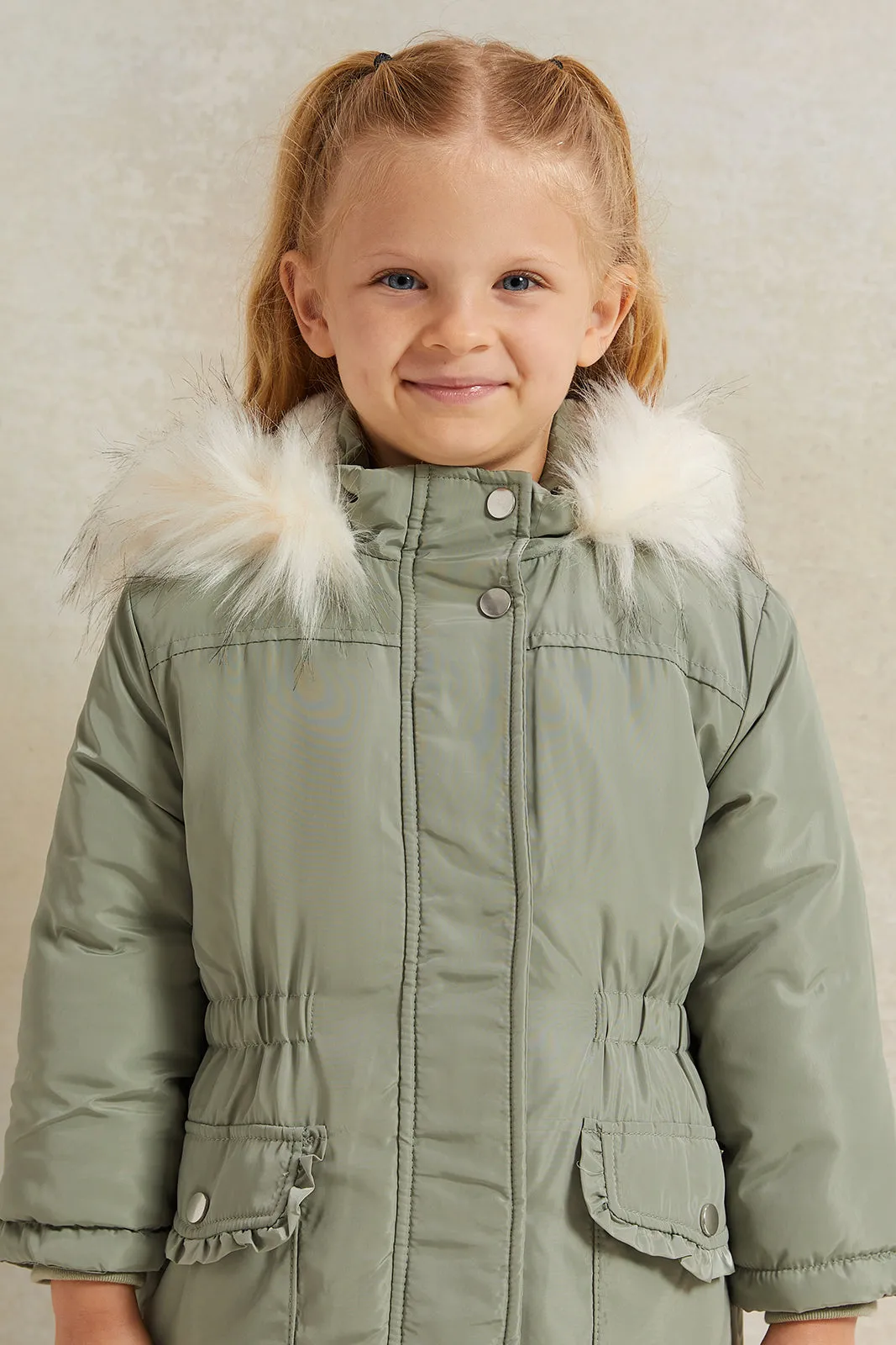 Girls Green Long Jacket Sherpa Hooded