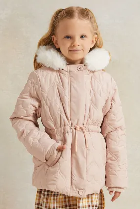 Girls Pink Long Jacket Sherpa Hooded