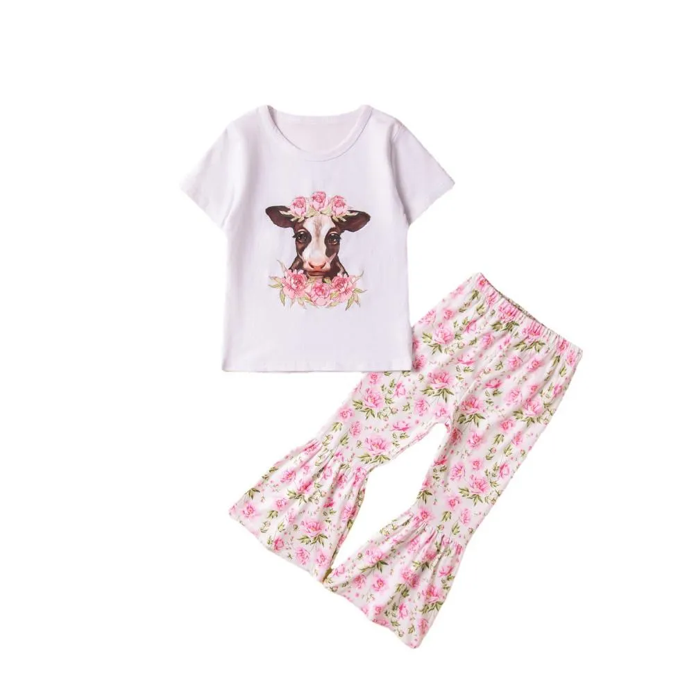 Girls Summer New Cute Flower Calf Top Flared Pants Suit Wholesale Girls Clothes