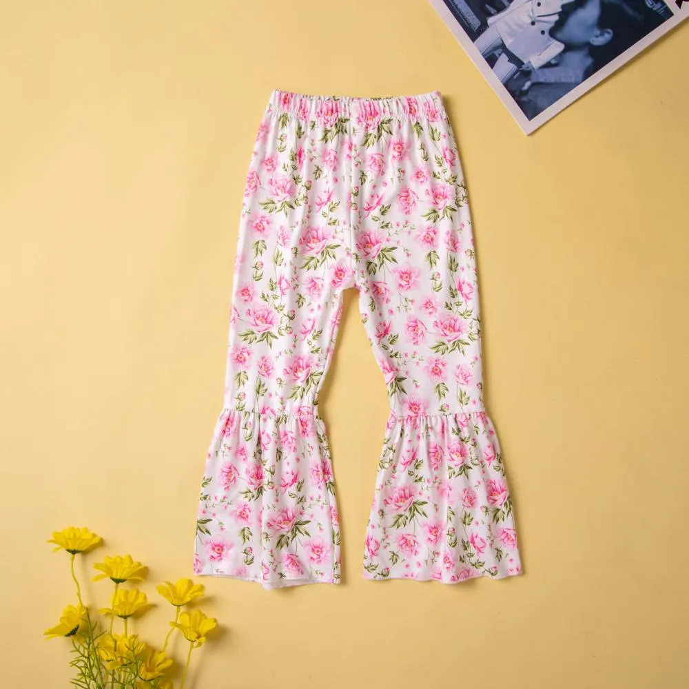 Girls Summer New Cute Flower Calf Top Flared Pants Suit Wholesale Girls Clothes