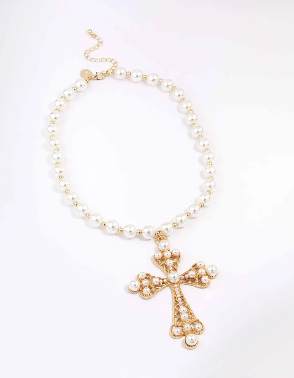 Gold Pearl Large Cross Pendant Necklace