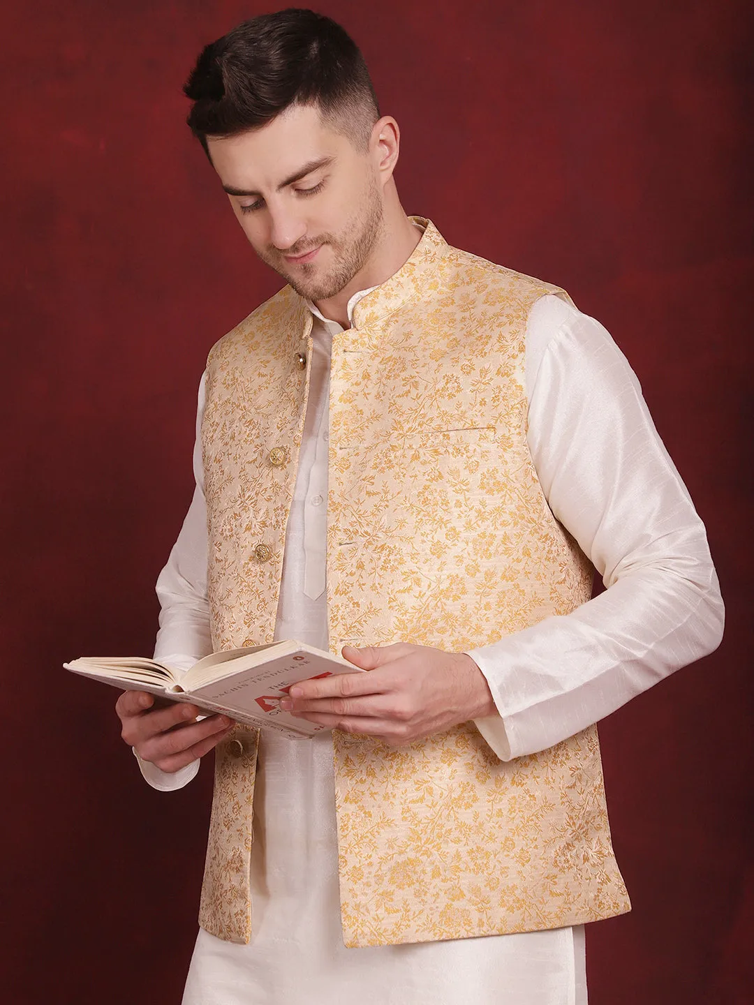 Golden Woven Design Nehru Jacket